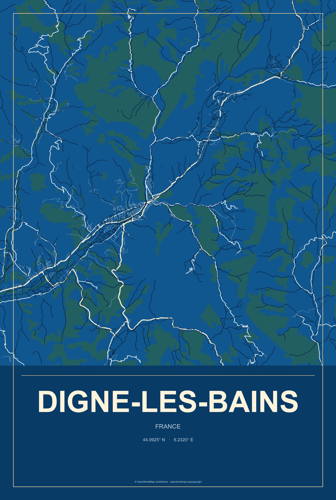 Digne-les-Bains, France City Map Aluminum Sign in Harbor Cobalt style