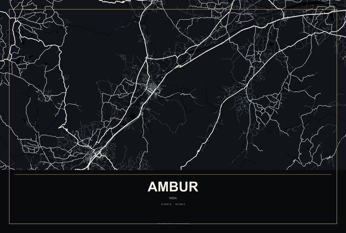 Ambur, India City Map Aluminum Sign in Metropolitan Noir style