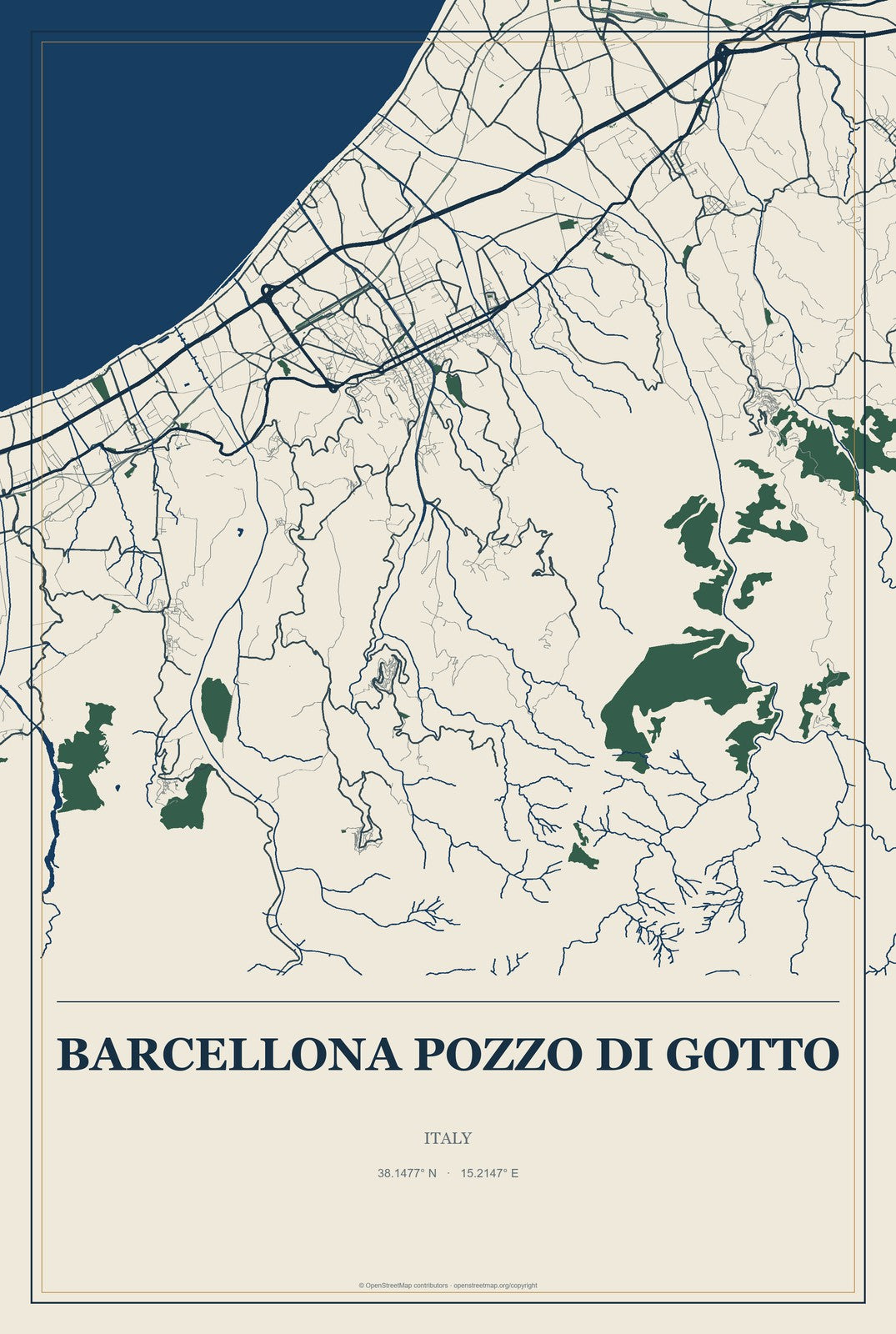 Barcellona Pozzo di Gotto, Italy City Map Aluminum Sign in Coastal Cutout style