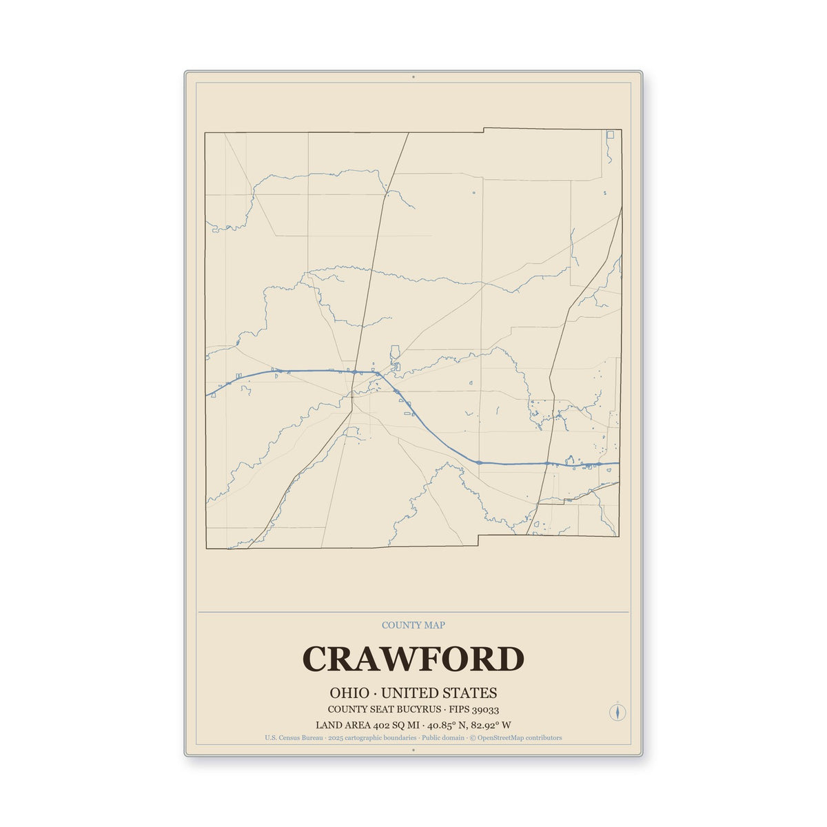 Crawford County, Ohio Map Aluminum Sign in Heritage Nautical style