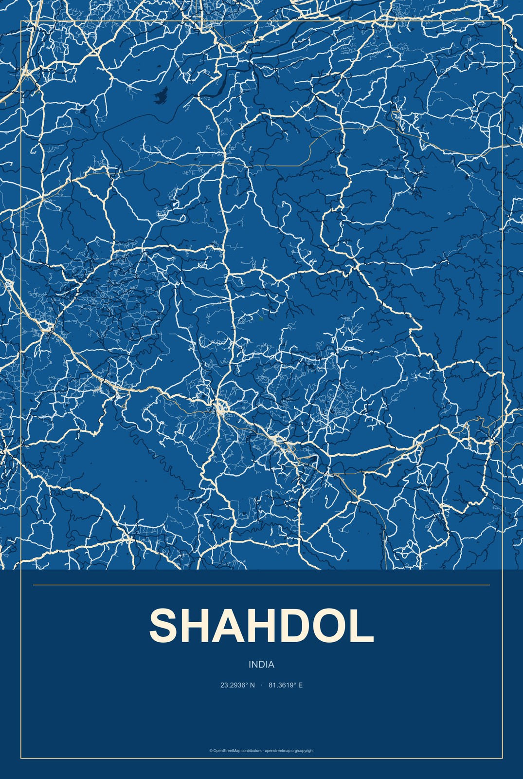 Shahdol, India City Map Aluminum Sign in Harbor Cobalt style