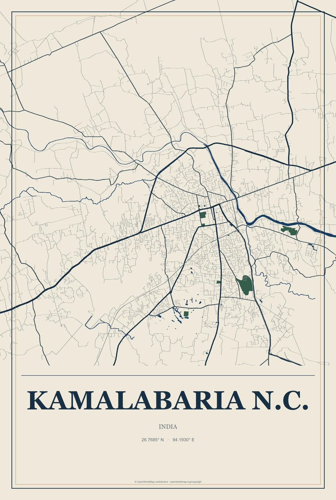Kamalabaria N.C., India City Map Aluminum Sign in Coastal Cutout style