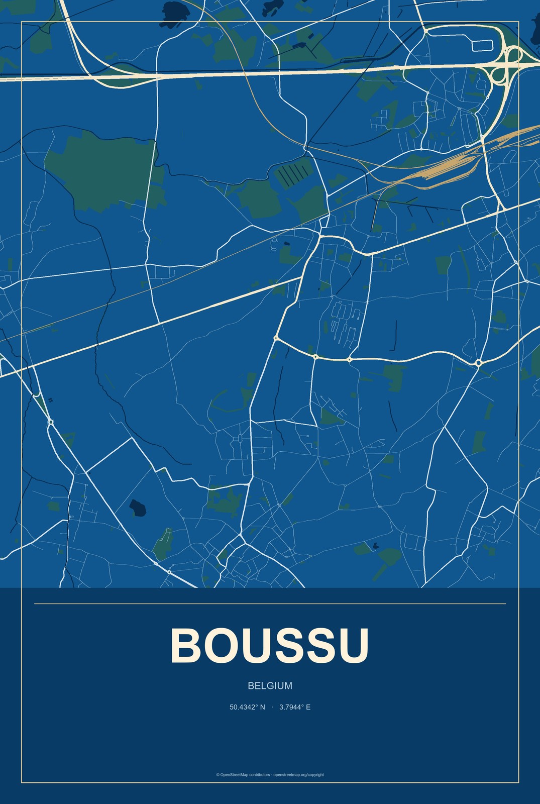 Boussu, Belgium City Map Aluminum Sign in Harbor Cobalt style