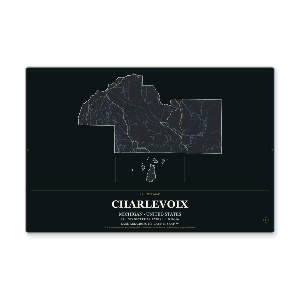 Charlevoix County, Michigan Map Aluminum Sign in Metropolitan Noir style