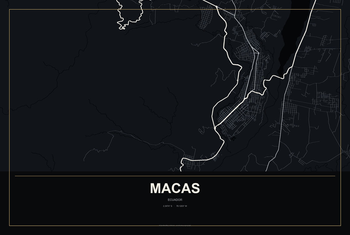 Macas, Ecuador City Map Aluminum Sign in Metropolitan Noir style