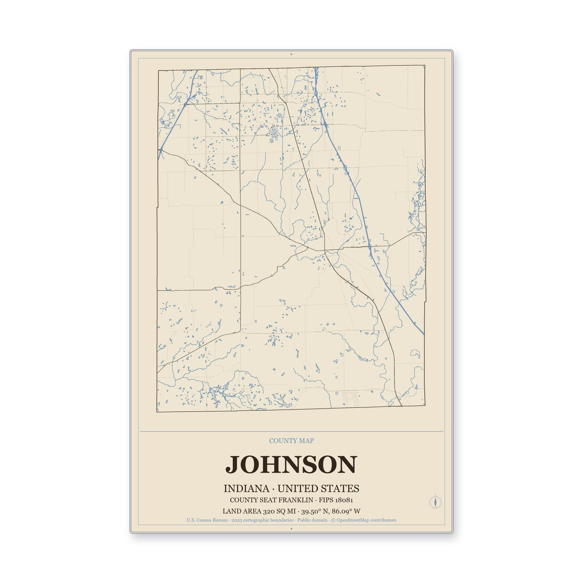 Johnson County, Indiana Map Aluminum Sign in Heritage Nautical style