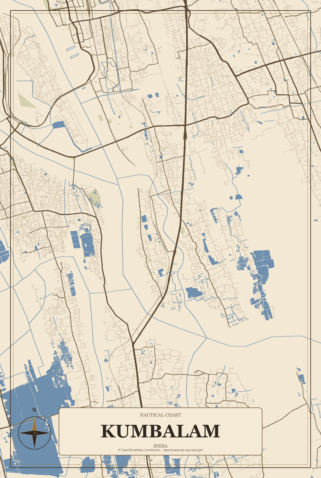 Kumbalam, India City Map Aluminum Sign in Heritage Nautical style