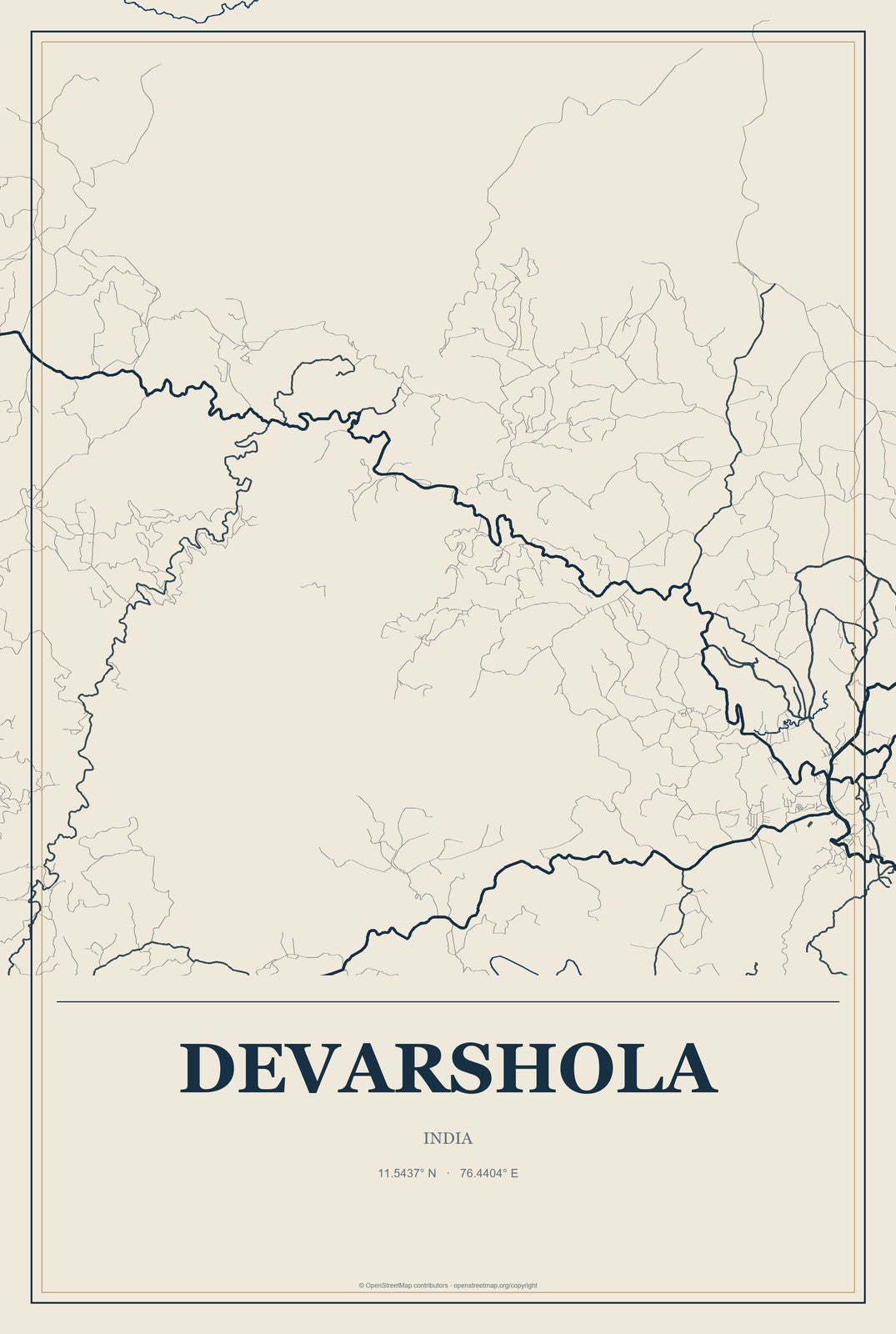 Devarshola, India City Map Aluminum Sign in Coastal Cutout style