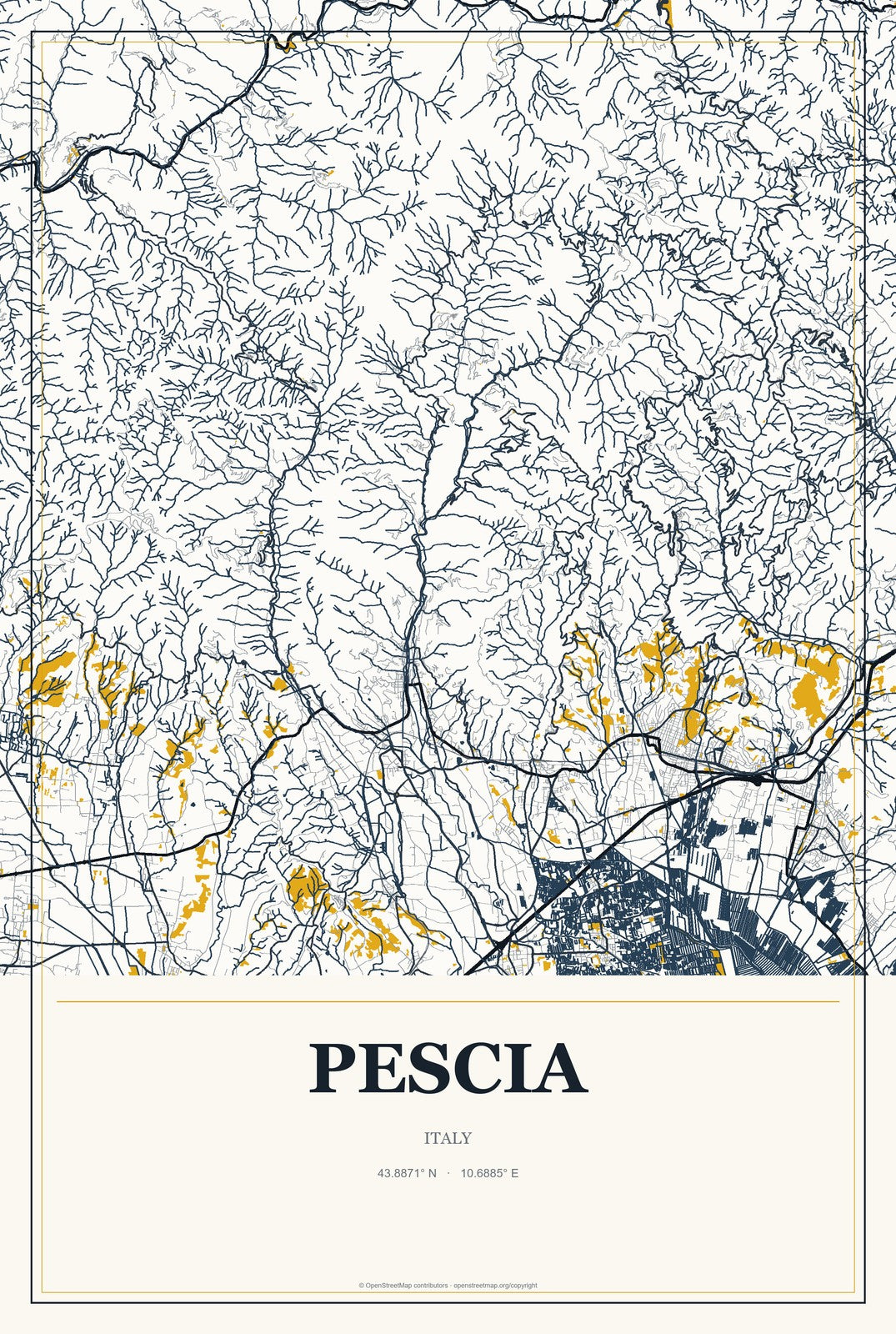 Pescia, Italy City Map Aluminum Sign in Citrine Modern style