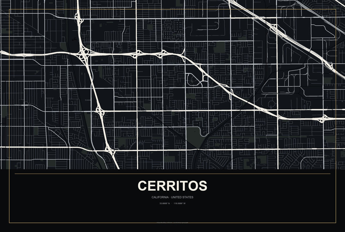 Cerritos, California City Map Aluminum Sign in Metropolitan Noir style