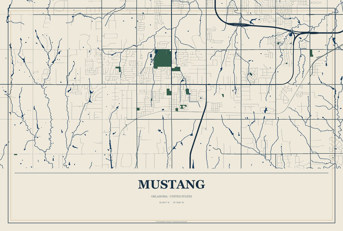 Mustang, Oklahoma City Map Aluminum Sign in Coastal Cutout style