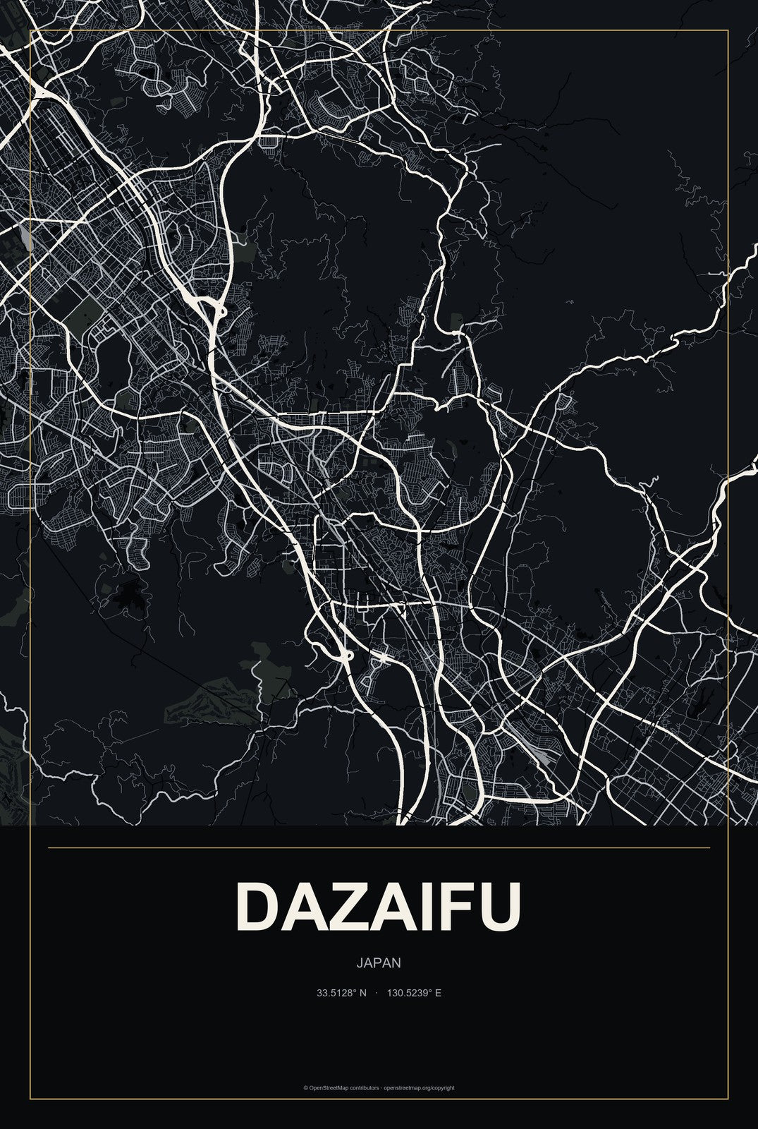 Dazaifu, Japan City Map Aluminum Sign in Metropolitan Noir style