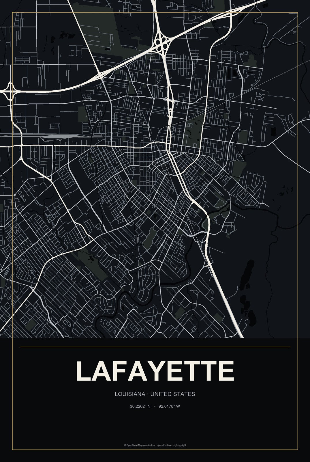 Lafayette, Louisiana City Map Aluminum Sign in Metropolitan Noir style
