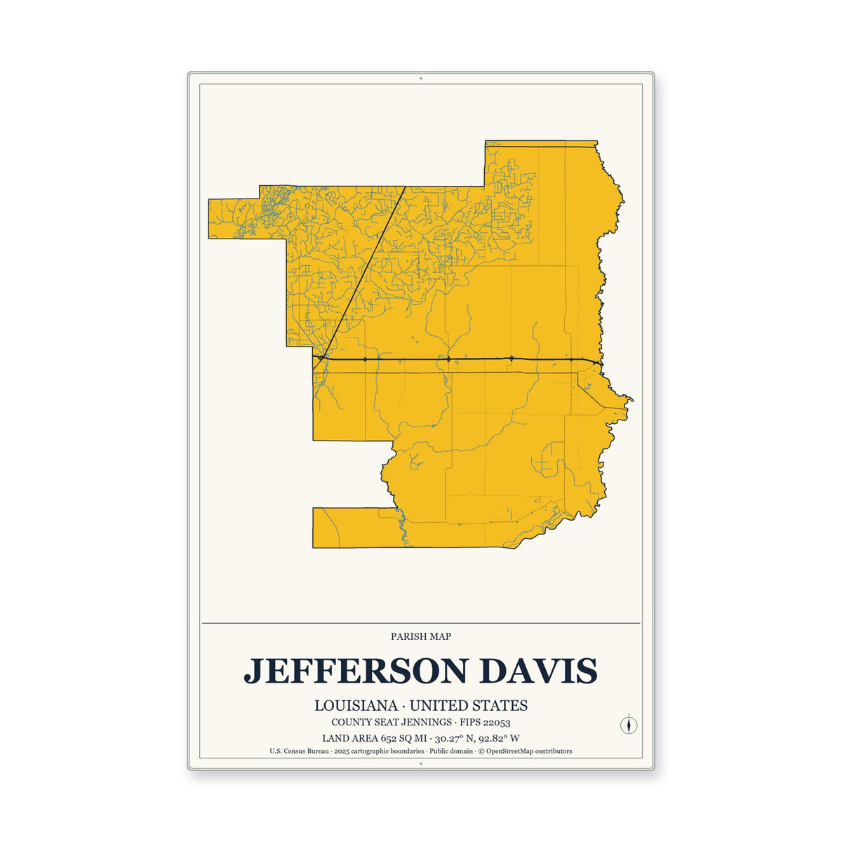 Jefferson Davis Parish, Louisiana Map Aluminum Sign in Citrine Modern style