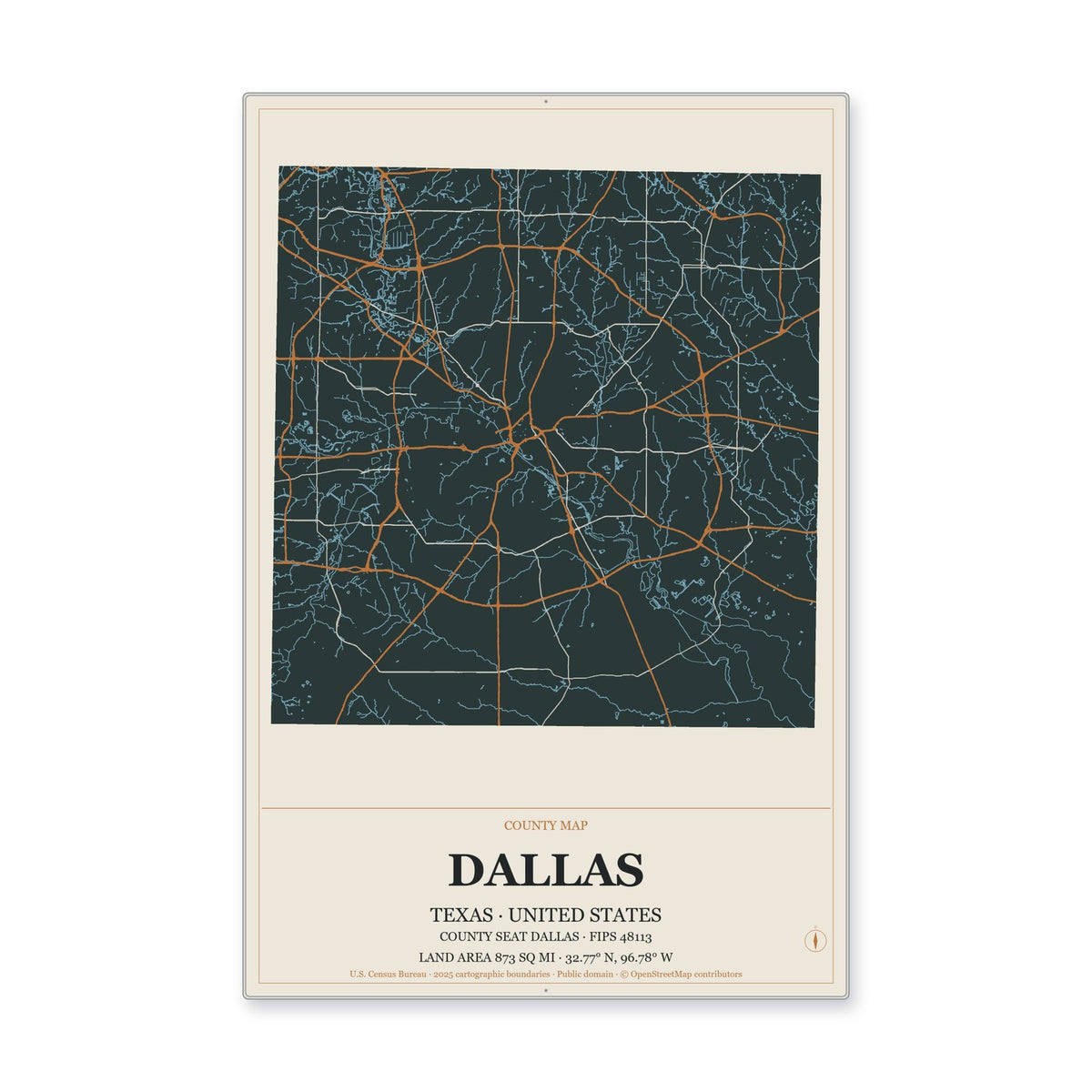 Dallas County, Texas Map Aluminum Sign in Headline Atlas style