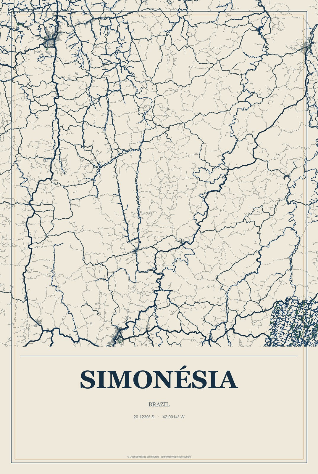 Simonésia, Brazil City Map Aluminum Sign in Coastal Cutout style