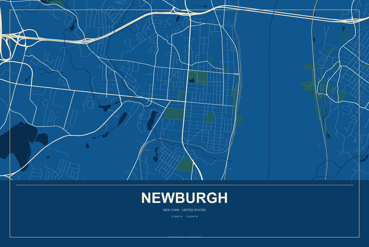 Newburgh, New York City Map Aluminum Sign in Harbor Cobalt style