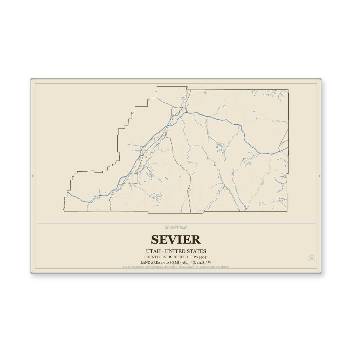 Sevier County, Utah Map Aluminum Sign in Heritage Nautical style