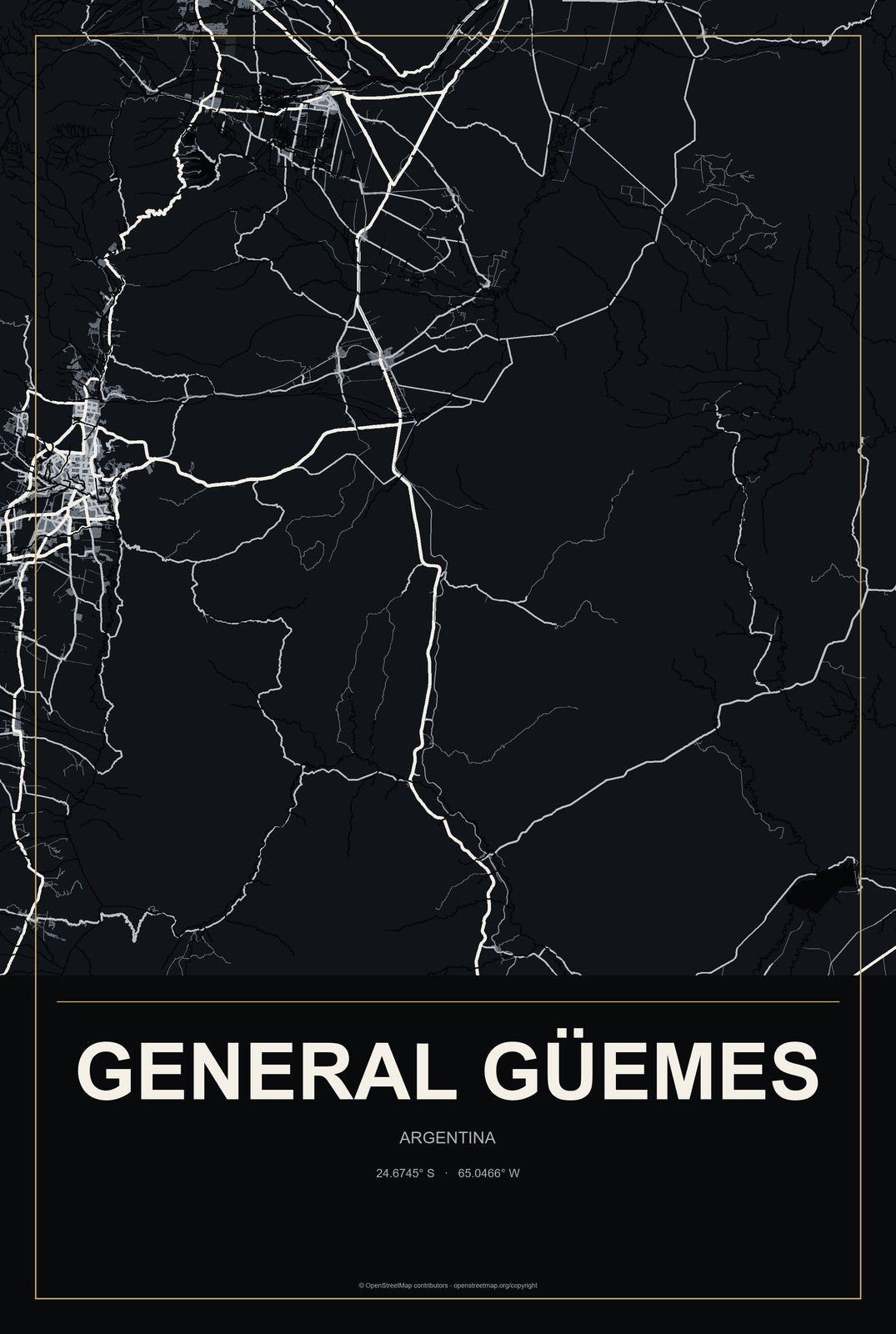 General Güemes, Argentina City Map Aluminum Sign in Metropolitan Noir style