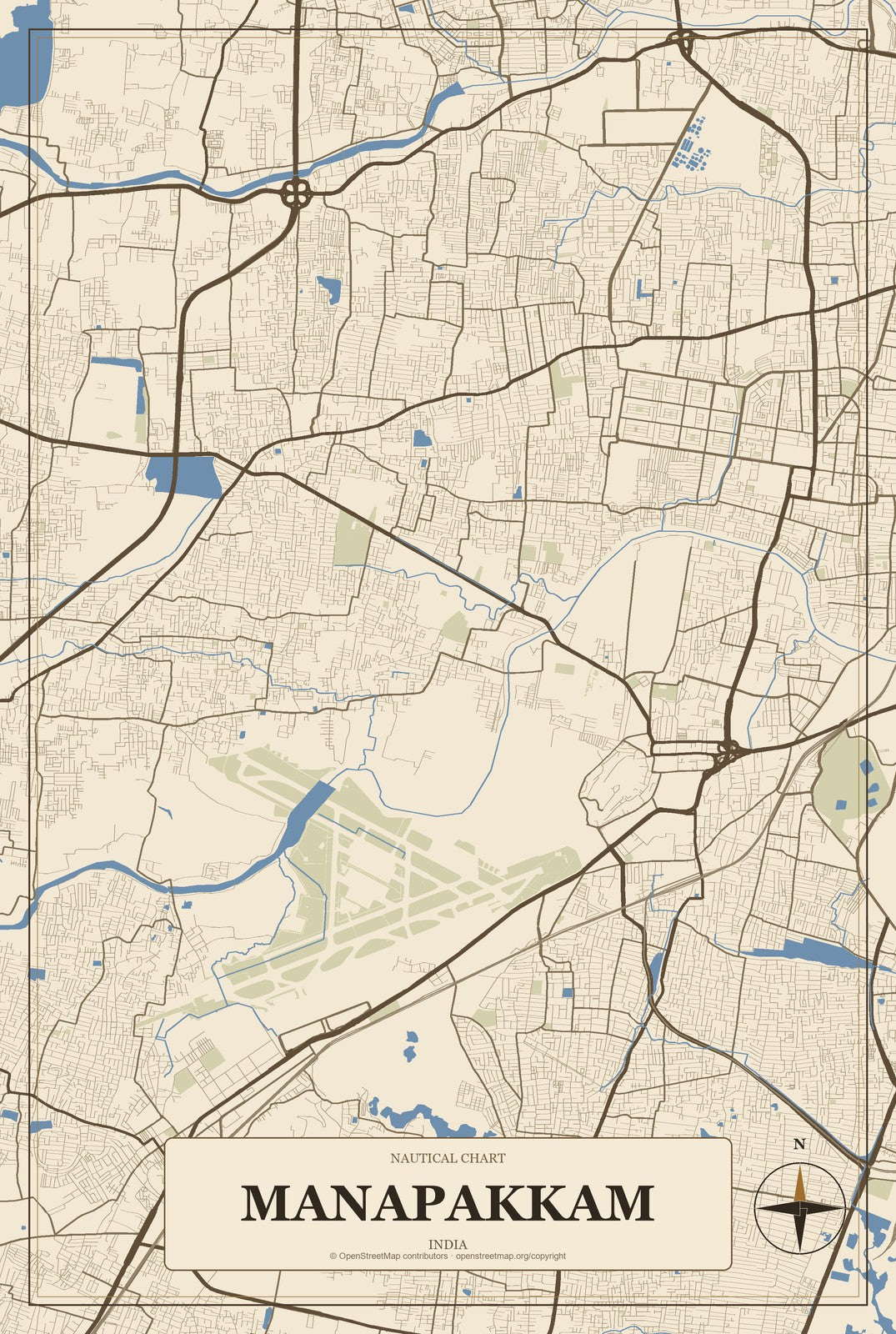 Manapakkam, India City Map Aluminum Sign in Heritage Nautical style
