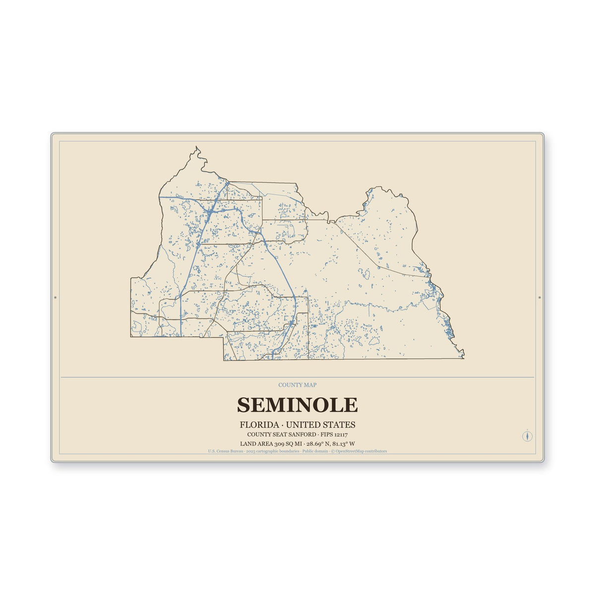 Seminole County, Florida Map Aluminum Sign in Heritage Nautical style