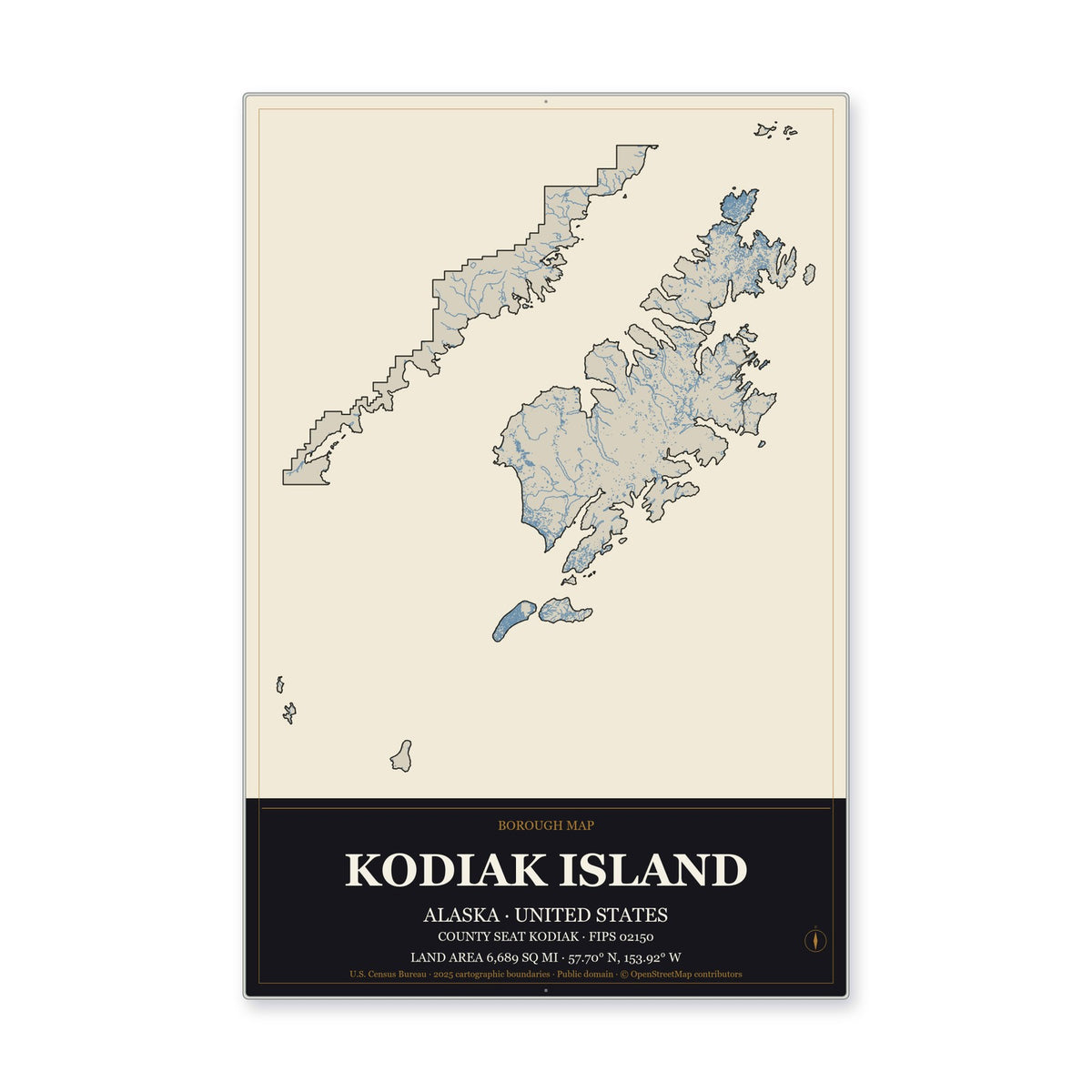Kodiak Island Borough, Alaska Map Aluminum Sign in Museum Plaque style
