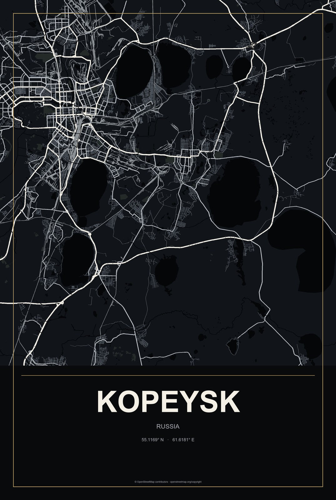 Kopeysk, Russia City Map Aluminum Sign in Metropolitan Noir style