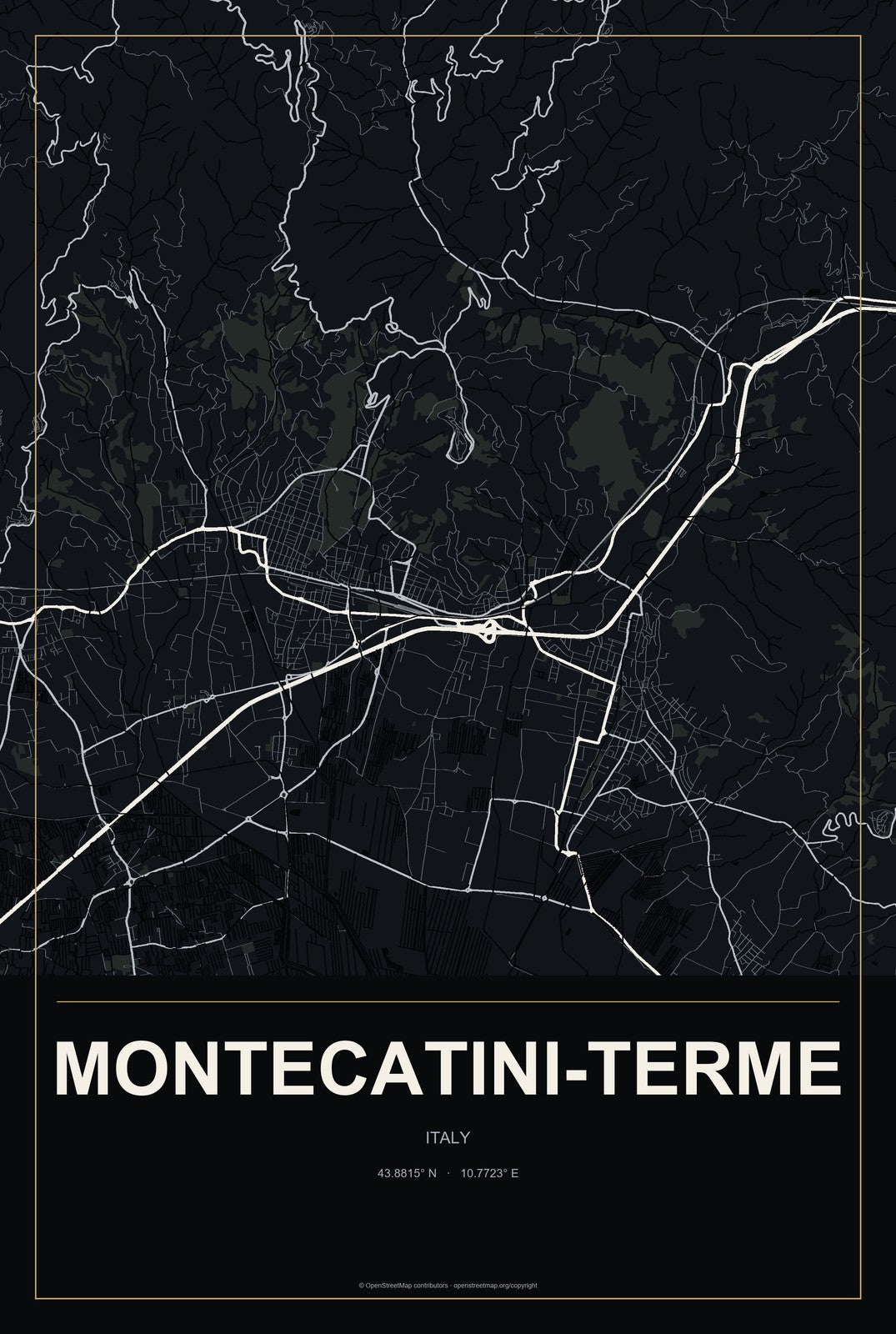 Montecatini-Terme, Italy City Map Aluminum Sign in Metropolitan Noir style