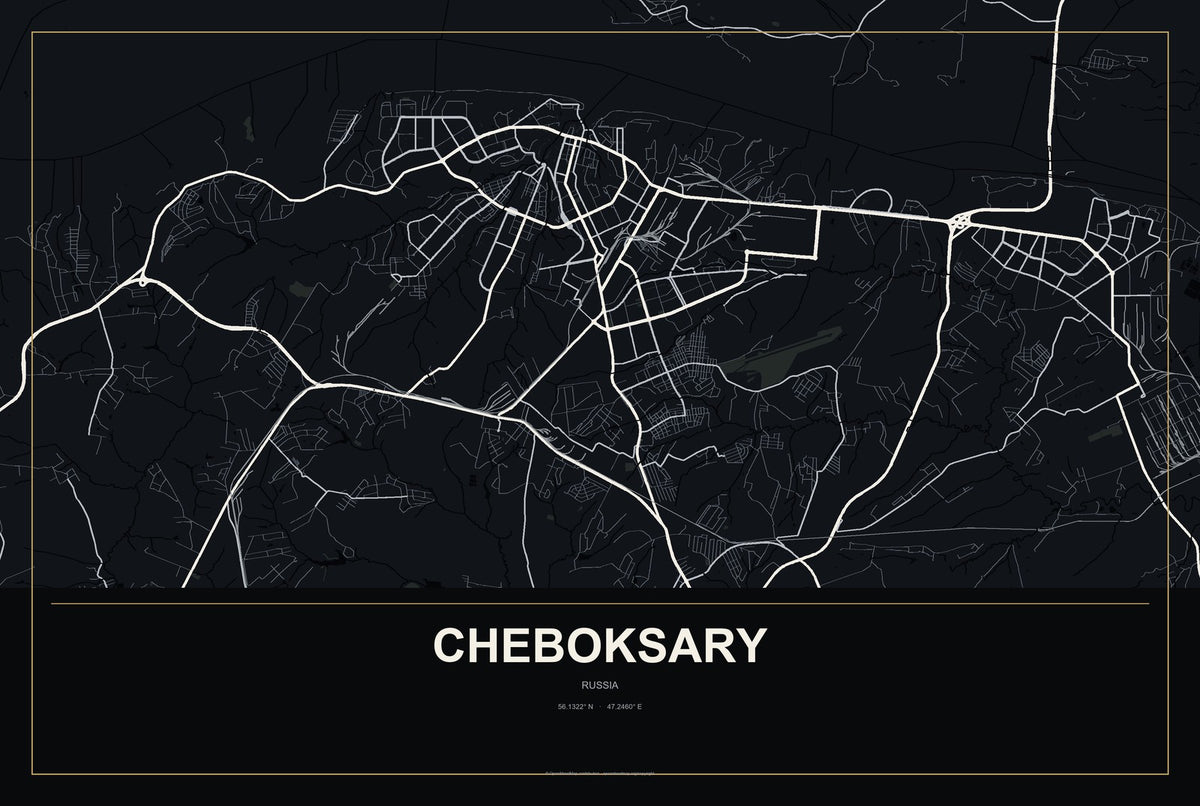 Cheboksary, Russia City Map Aluminum Sign in Metropolitan Noir style