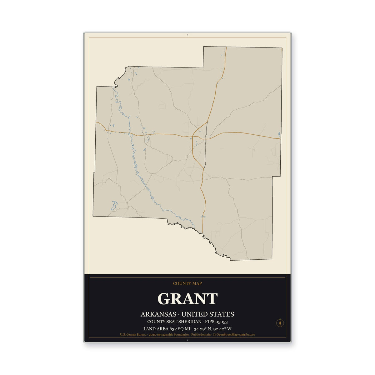 Grant County, Arkansas Map Aluminum Sign in Museum Plaque style