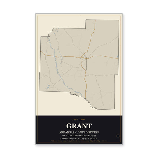 Grant County, Arkansas Map Aluminum Sign in Museum Plaque style