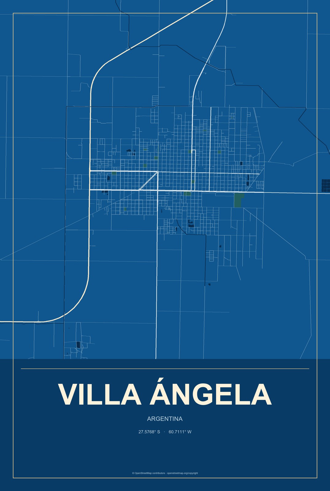 Villa Ángela, Argentina City Map Aluminum Sign in Harbor Cobalt style