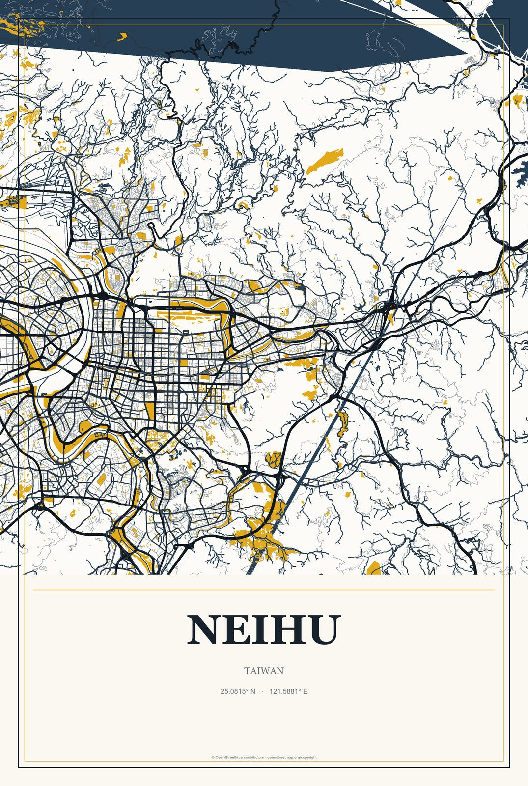 Neihu, Taiwan City Map Aluminum Sign in Citrine Modern style
