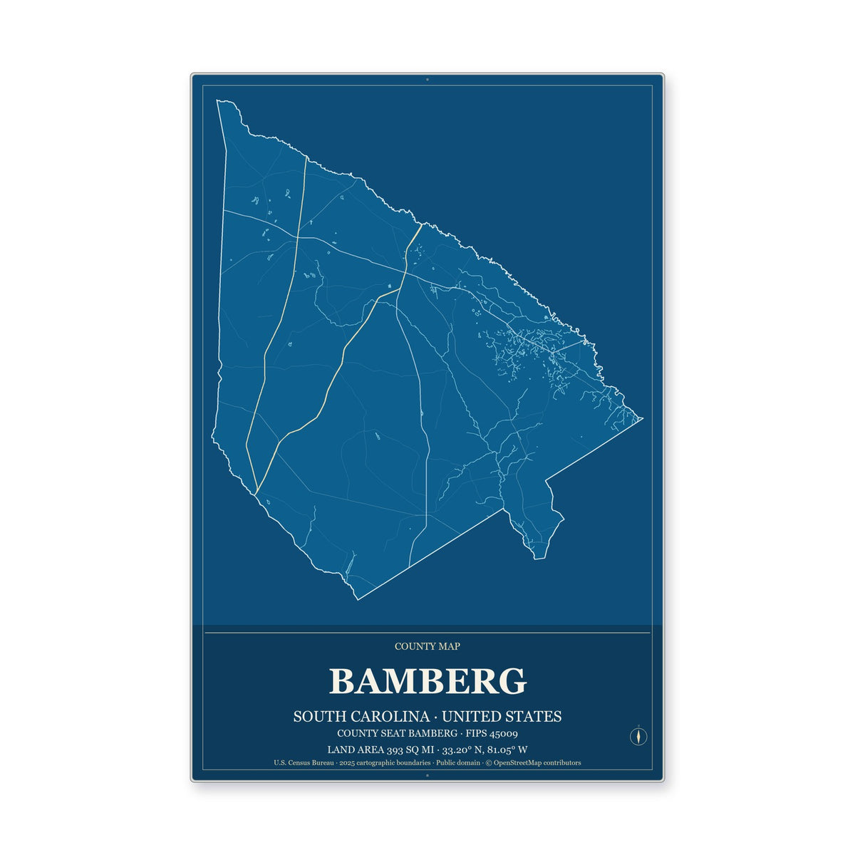 Bamberg County, South Carolina Map Aluminum Sign in Harbor Cobalt style