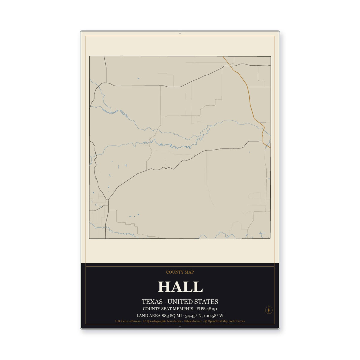 Hall County, Texas Map Aluminum Sign in Museum Plaque style