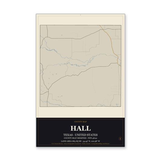 Hall County, Texas Map Aluminum Sign in Museum Plaque style