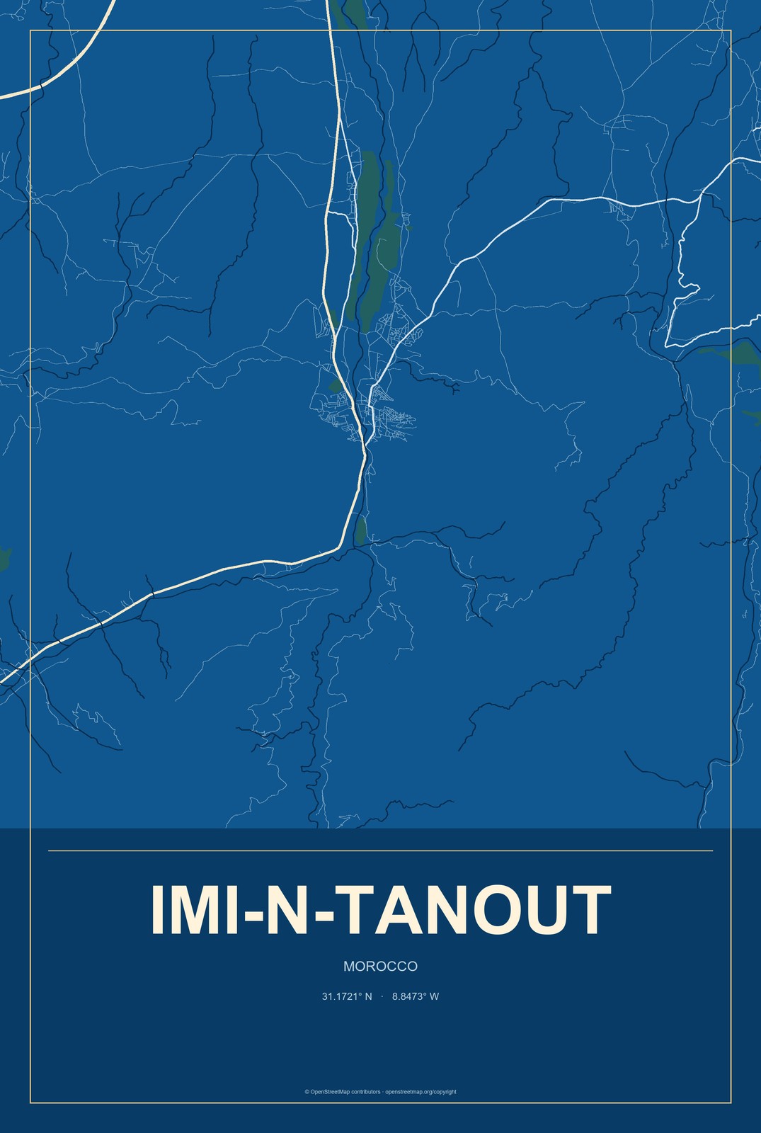 Imi-n-Tanout, Morocco City Map Aluminum Sign in Harbor Cobalt style