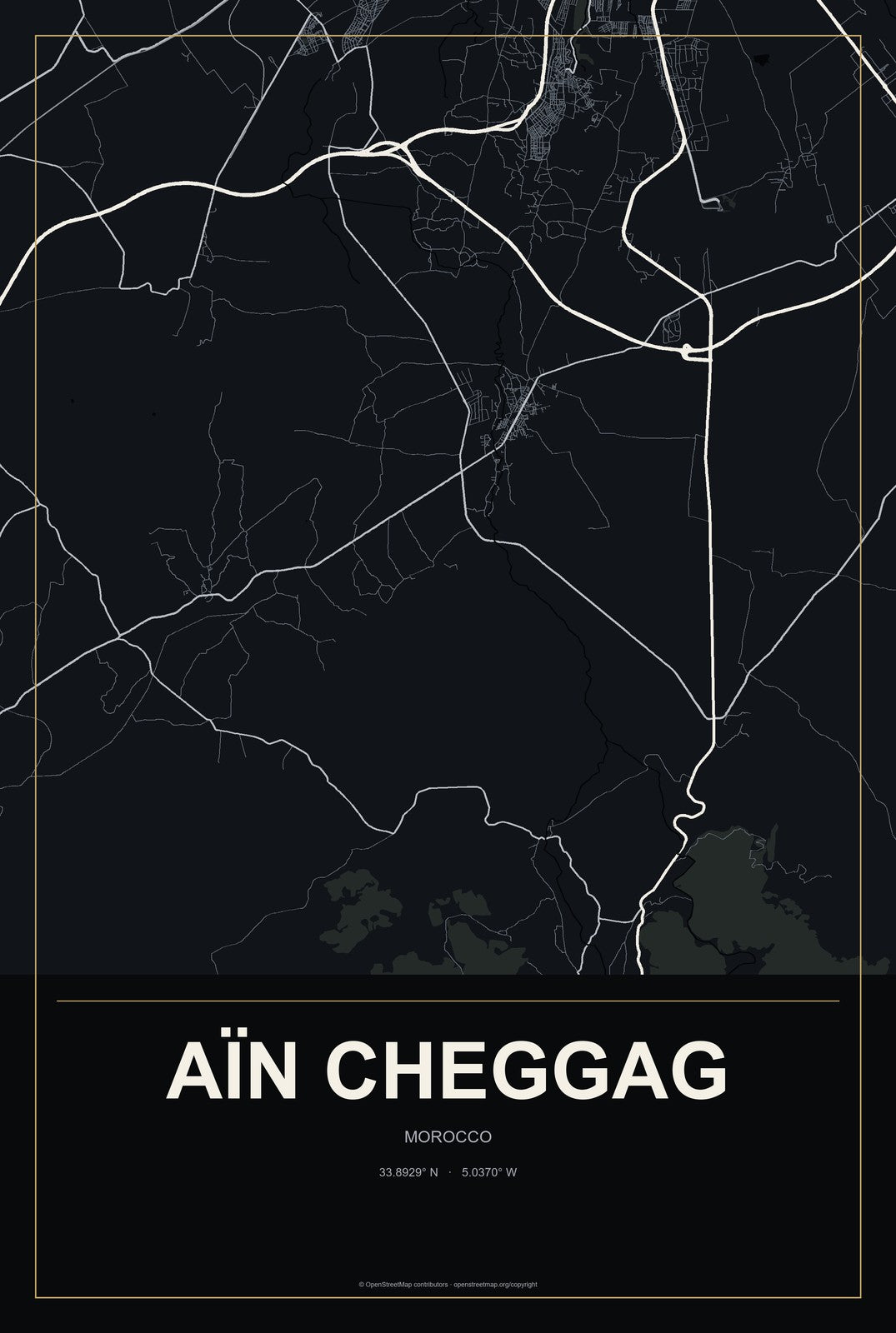 Aïn Cheggag, Morocco City Map Aluminum Sign in Metropolitan Noir style