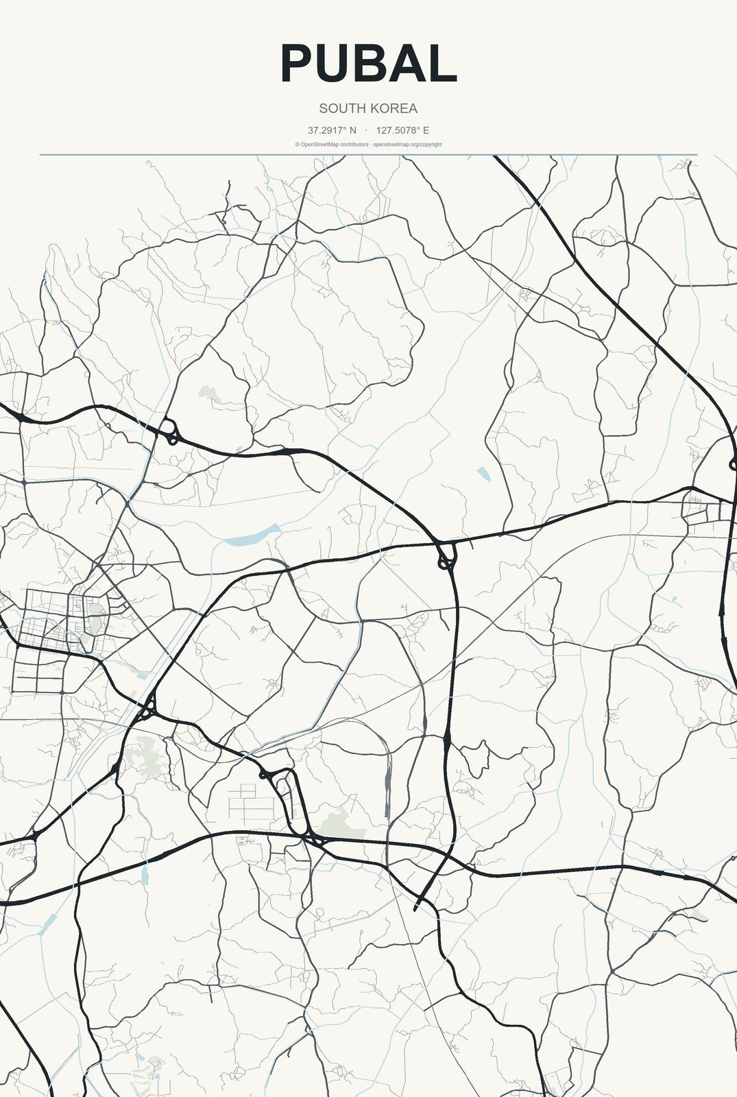 Pubal, South Korea City Map Aluminum Sign in Headline Atlas style