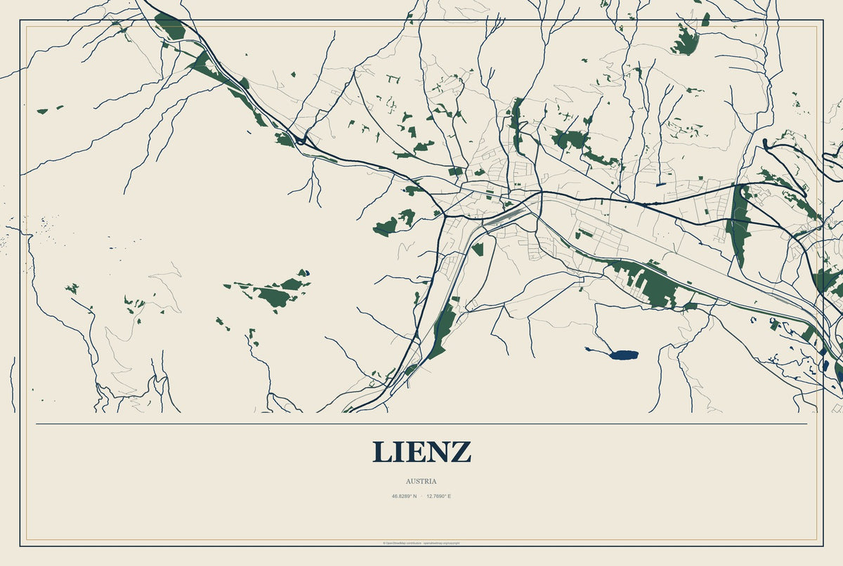 Lienz, Austria City Map Aluminum Sign in Coastal Cutout style