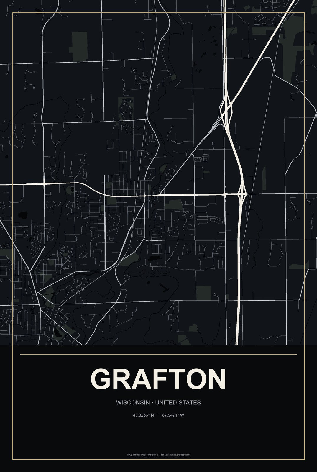 Grafton, Wisconsin City Map Aluminum Sign in Metropolitan Noir style
