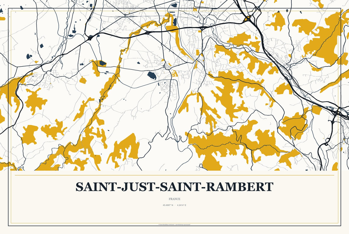 Saint-Just-Saint-Rambert, France City Map Aluminum Sign in Citrine Modern style