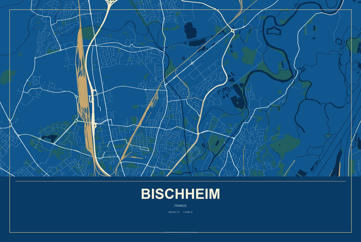 Bischheim, France City Map Aluminum Sign in Harbor Cobalt style