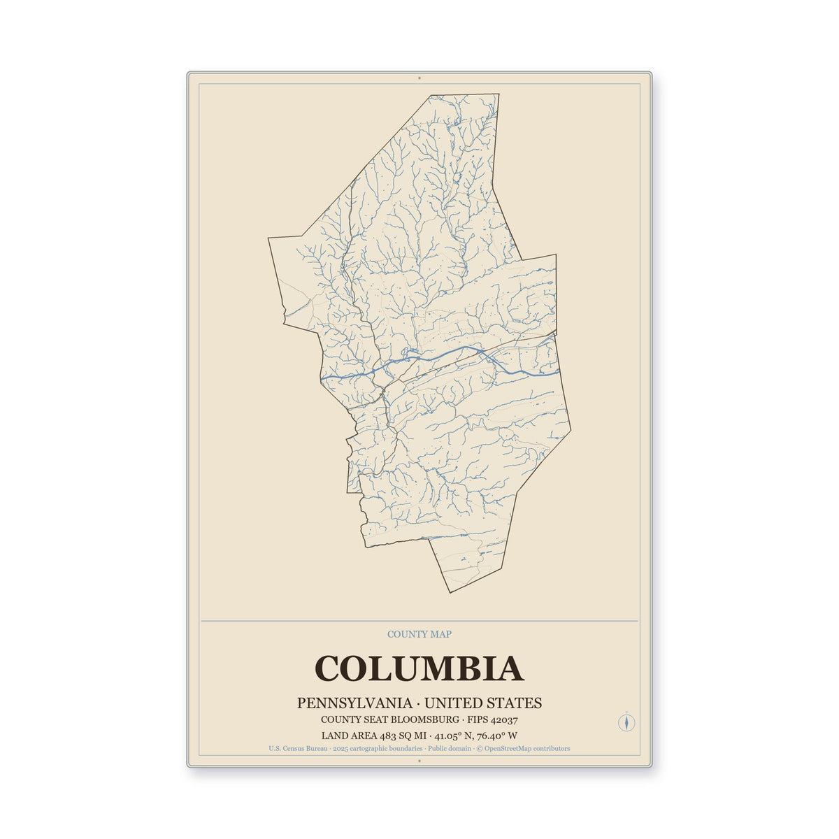 Columbia County, Pennsylvania Map Aluminum Sign in Heritage Nautical style