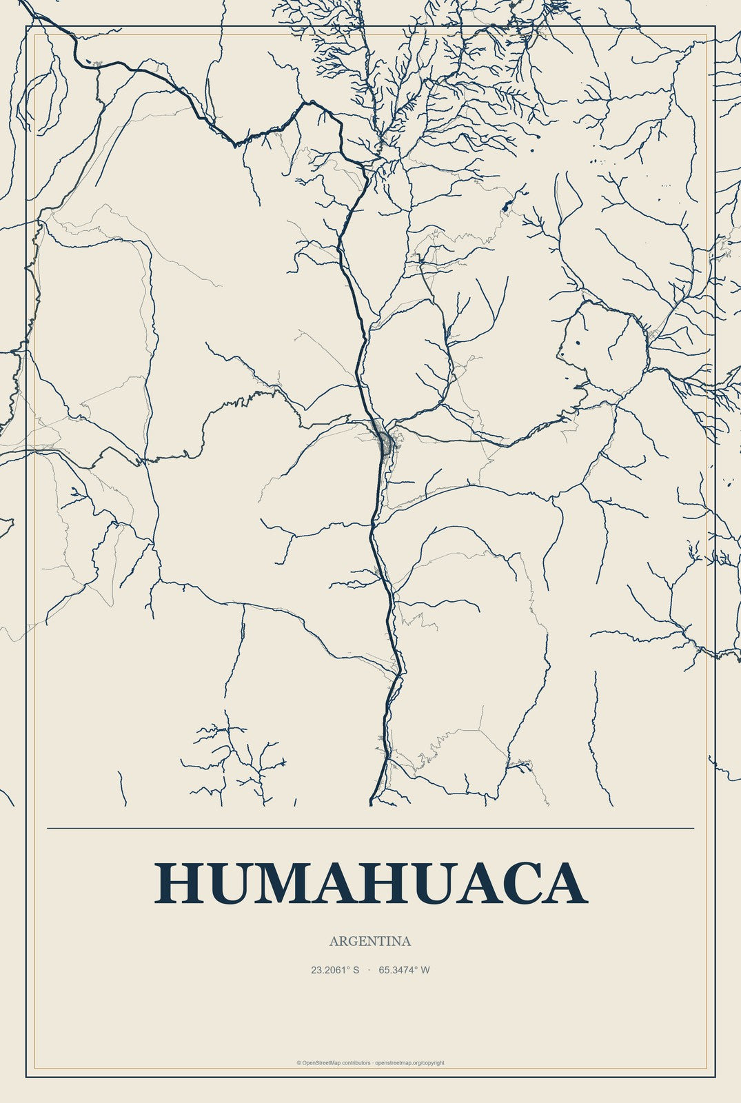 Humahuaca, Argentina City Map Aluminum Sign in Coastal Cutout style