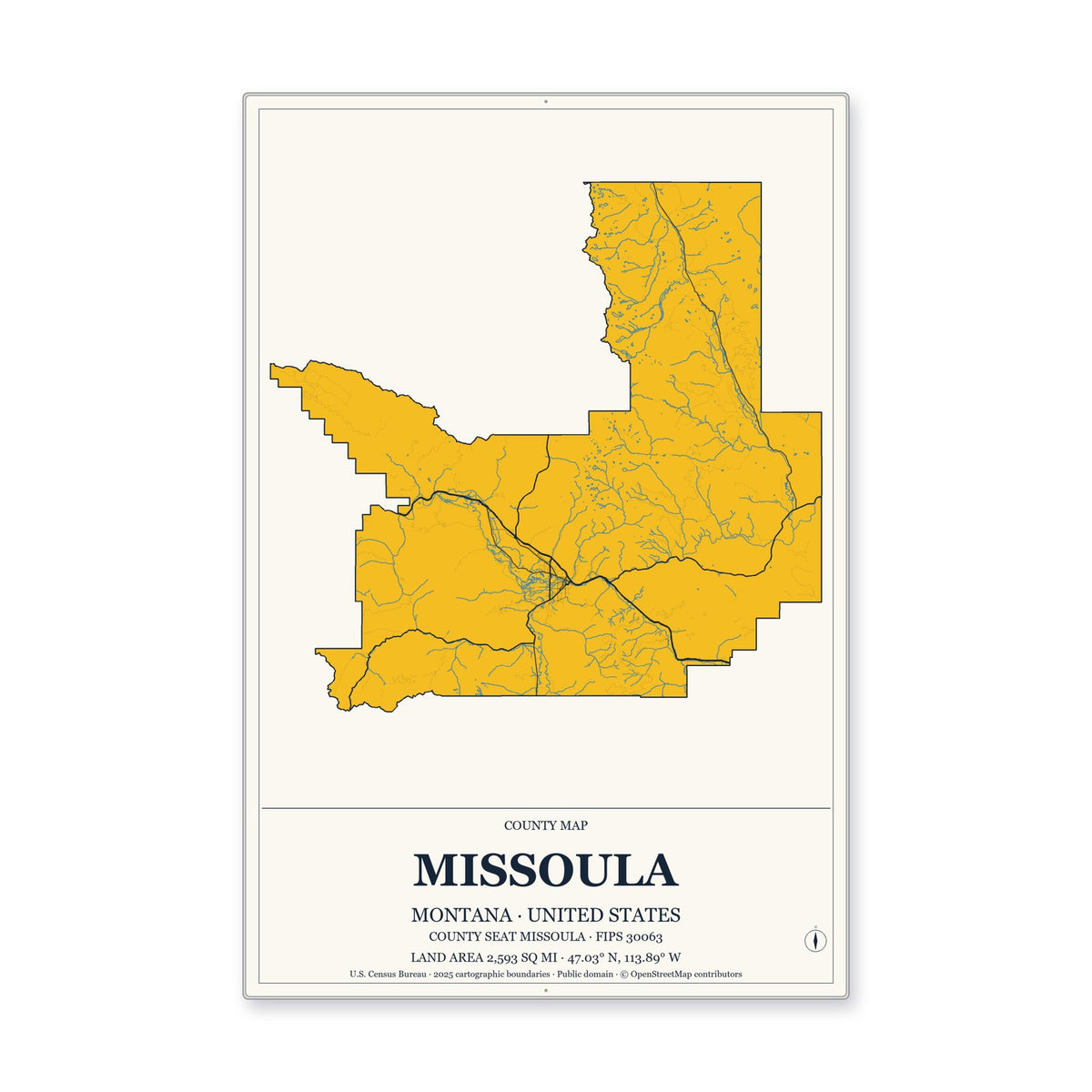 Missoula County, Montana Map Aluminum Sign in Citrine Modern style