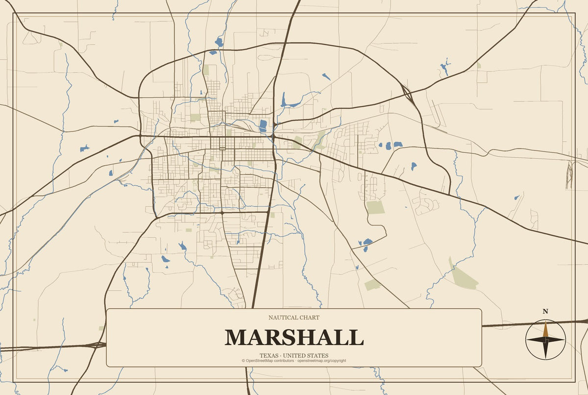 Marshall, Texas City Map Aluminum Sign in Heritage Nautical style
