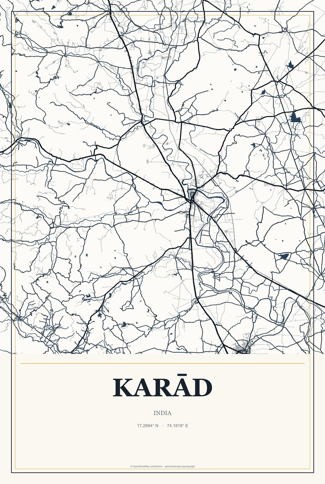 Karād, India City Map Aluminum Sign in Citrine Modern style