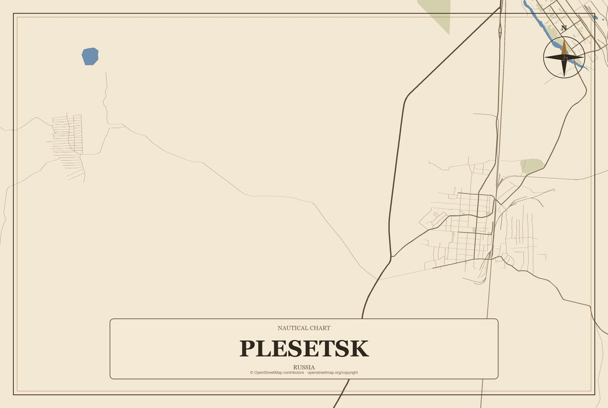 Plesetsk, Russia City Map Aluminum Sign in Heritage Nautical style