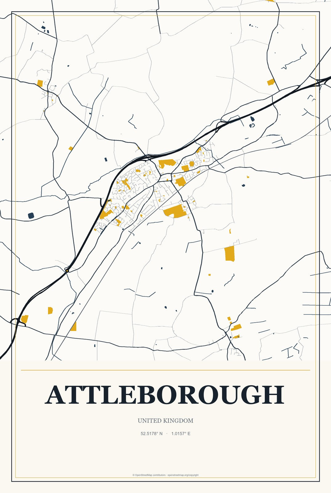 Attleborough, United Kingdom City Map Aluminum Sign in Citrine Modern style